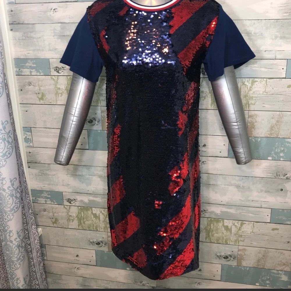 NWT Flag Blue/Red TOMMY HILFIGER Sequin Short Sleeve Dress, girl size XL(16)